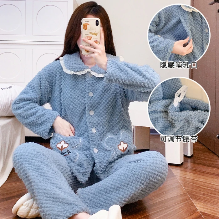 孕妇睡衣女冬季加绒加厚法兰绒秋冬怀孕期产后哺乳月子服1月2套装