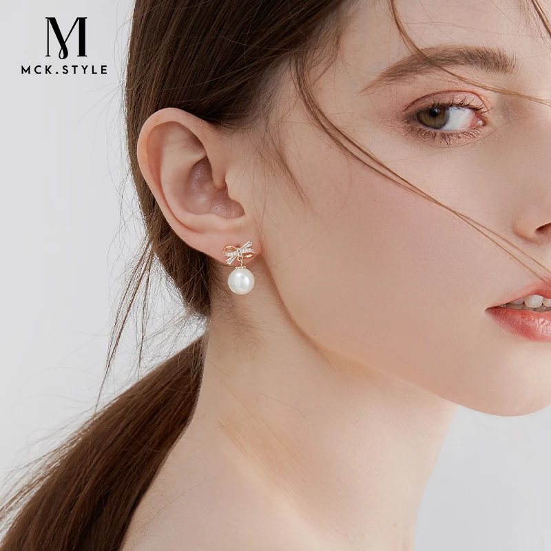 mck 合金仿珍珠耳饰 法式蝴蝶结仿珍珠耳环女2023年爆款气质耳饰