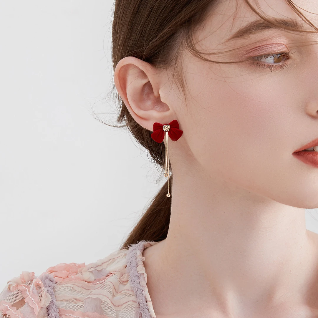 mck 合金锦纶耳饰 红色蝴蝶结耳环女气质高级感耳坠轻奢时尚耳饰