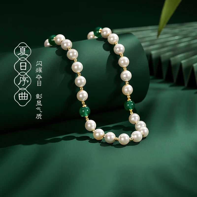 mck 合金仿珍珠项链 新中式绿色串珠项链女锁骨链轻奢高级感颈链