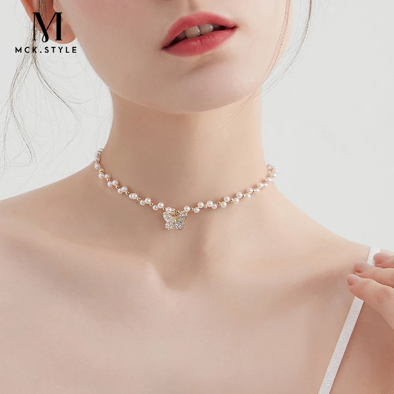 mck 合金仿珍珠项链 轻奢仿珍珠颈链项链女2024新款蝴蝶锁骨链ins