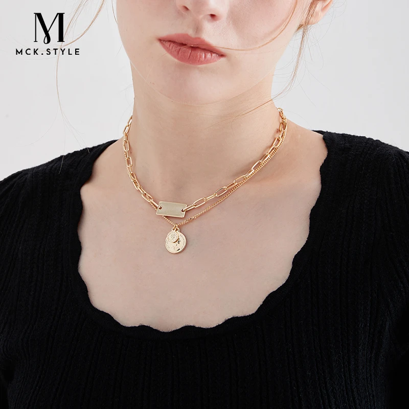 mck 合金项链 秋冬新款硬币双层叠戴毛衣链气质项链女潮ins锁骨链