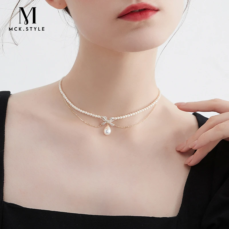 mck 合金仿珍珠项链 双层蝴蝶结仿珍珠项链女轻奢颈链法式锁骨链