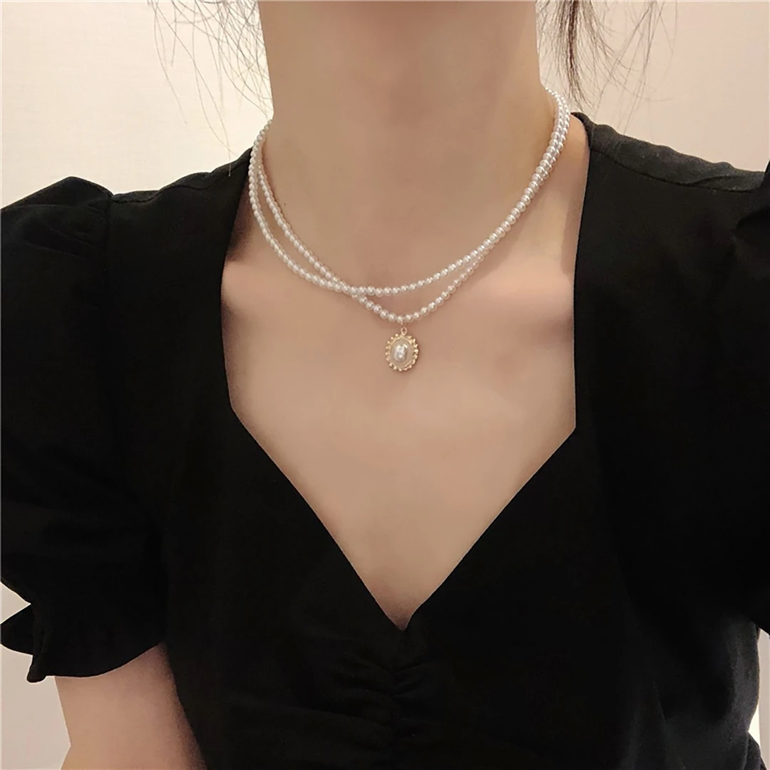 mck 合金仿珍珠项链 复古仿珍珠双层项链女款锁骨链轻奢小众颈链