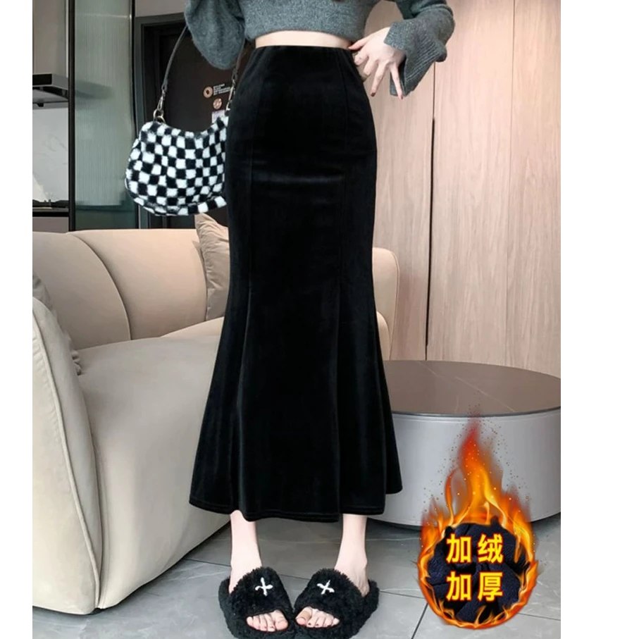 黑色金丝绒半身裙女秋冬天加绒加厚高腰显瘦中长款a字包臀鱼尾裙
