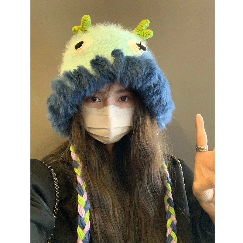 小怪兽帽子女秋冬季搞怪可爱针织毛绒帽显脸小加厚保暖护耳毛线帽