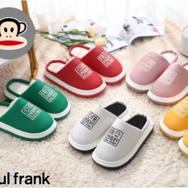 【P】65519/75519大嘴猴时尚字母方标皮面棉拖鞋