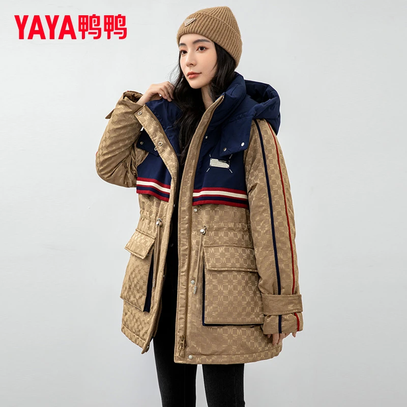 YAYA/鸭鸭2023年新款派克老花羽绒服冬季情侣百搭时尚连帽外套