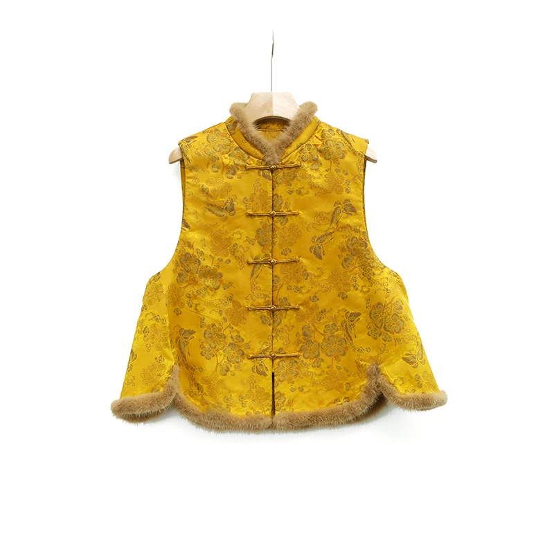 【澜亭絮絮】桑蚕丝宋锦拼接水貂毛棉马甲3236