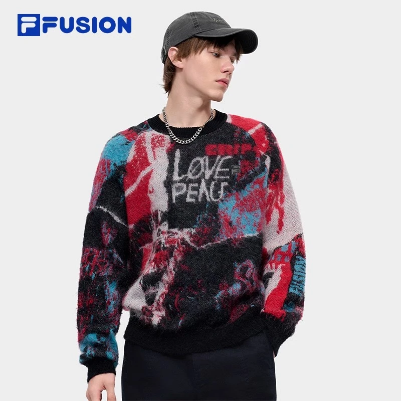 侯明昊同款FUSION斐乐情侣款编织衫2024冬新款套头毛衣T11U443401