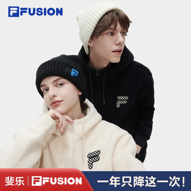 FILA FUSION斐乐潮牌情侣卫衣款仿羊羔绒保暖连帽男T11U343208F