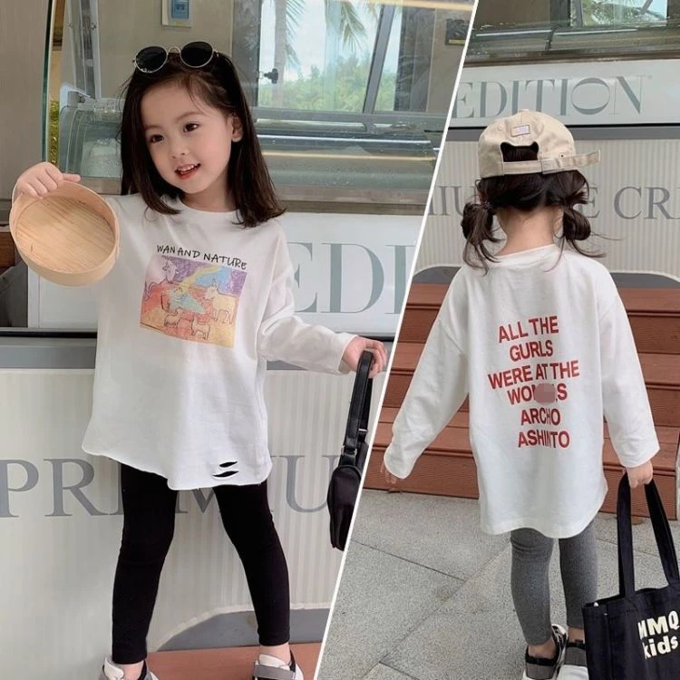 【特价清仓】棉质春秋季女童中长款T恤2024年新款儿童装白色洋气女