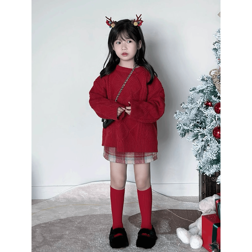 【小扬哥推荐】韩版女童套装2024冬季圣诞新年红色麻花套头毛衣复