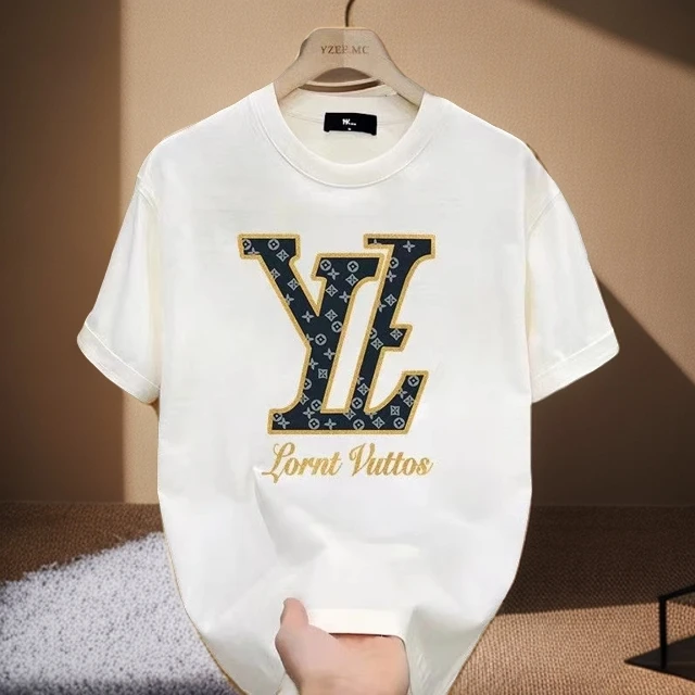 【T恤】2024新款男士时尚百搭个性短袖圆领夏季黑白半袖印花-金色VL