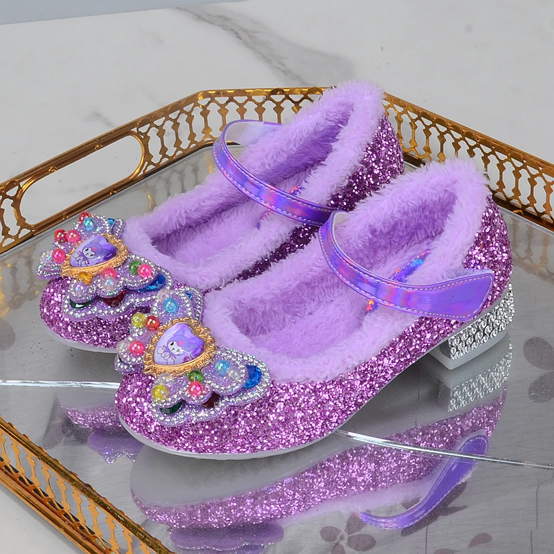 儿童高跟公主鞋水晶保暖秋冬季软底中小童女孩库洛米加绒女童棉鞋