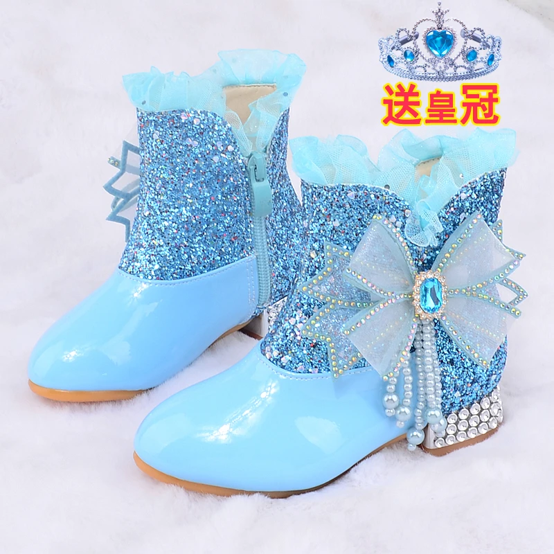 女童爱莎公主靴小女孩高跟靴时尚加绒保暖冬季儿童短靴女大童靴子