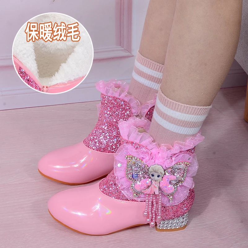 小女孩高跟短靴冰雪奇缘爱莎公主靴女童鞋子秋冬季加绒保暖马丁靴