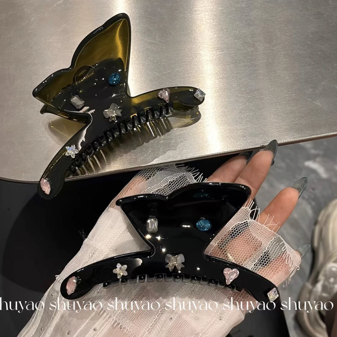 原创轻奢蝴蝶彩钻高端法式醋酸发抓夹中大号盘发夹鲨鱼夹子高级感