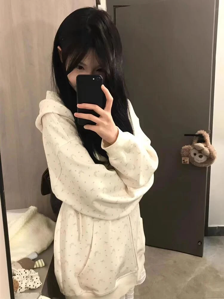 设计感小众碎花连帽卫衣女春秋oversize薄款外套宽松慵懒开衫上衣