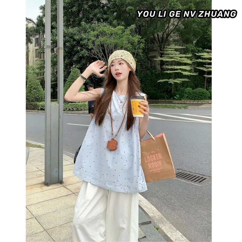 波点无袖T恤女夏设计感小众减龄百搭上衣外穿宽松大版背心娃娃衫