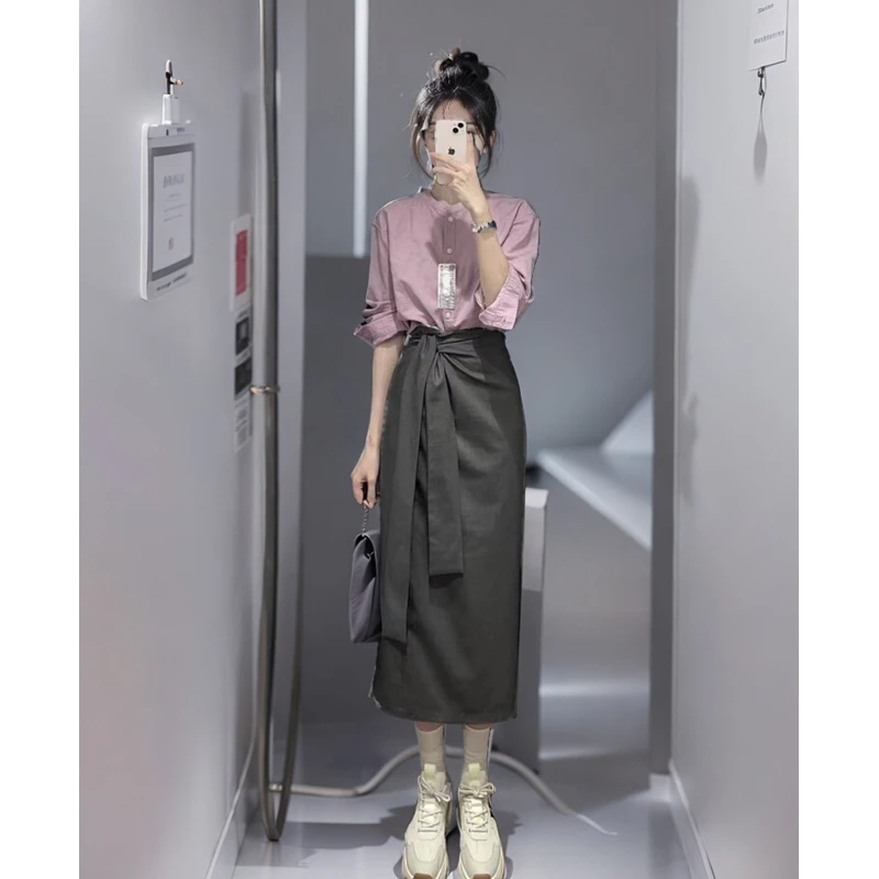 春天穿搭一整套女高端气质干练轻熟风紫色衬衫高腰半身裙子两件套