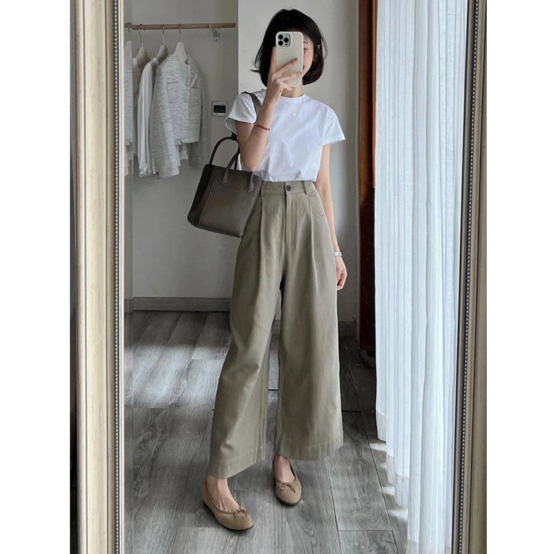 奶系穿搭早春韩剧女主白色正肩T恤休闲阔腿裤减龄漂亮洋气套装女