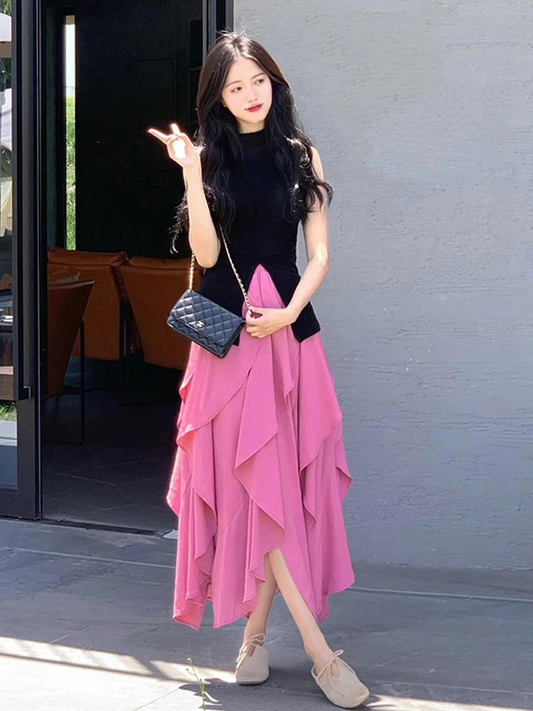 夏季2024新款粉色花苞裙初恋多巴胺今年流行miu系裙子套装女