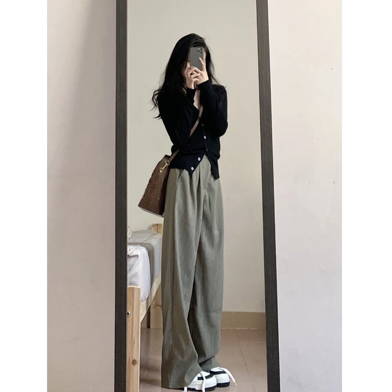 外搭薄款针织开衫毛衣外套女韩系早春季黑色修身上衣裤子两件套装