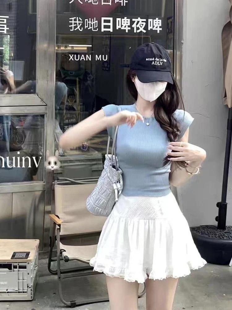 夏季搭配一整套女茶系小个子蓝色上衣半身短裙纯欲风辣妹两件套装