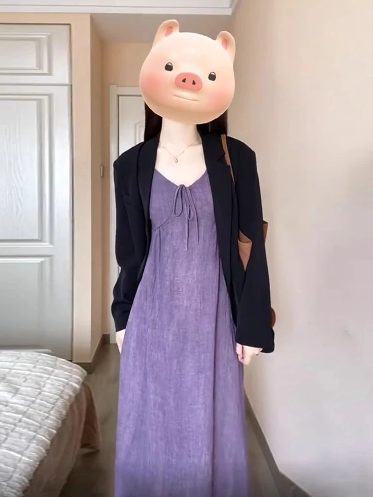 法式高级感紫色吊带连衣裙子女早秋季2024年新款小个子气质套装裙