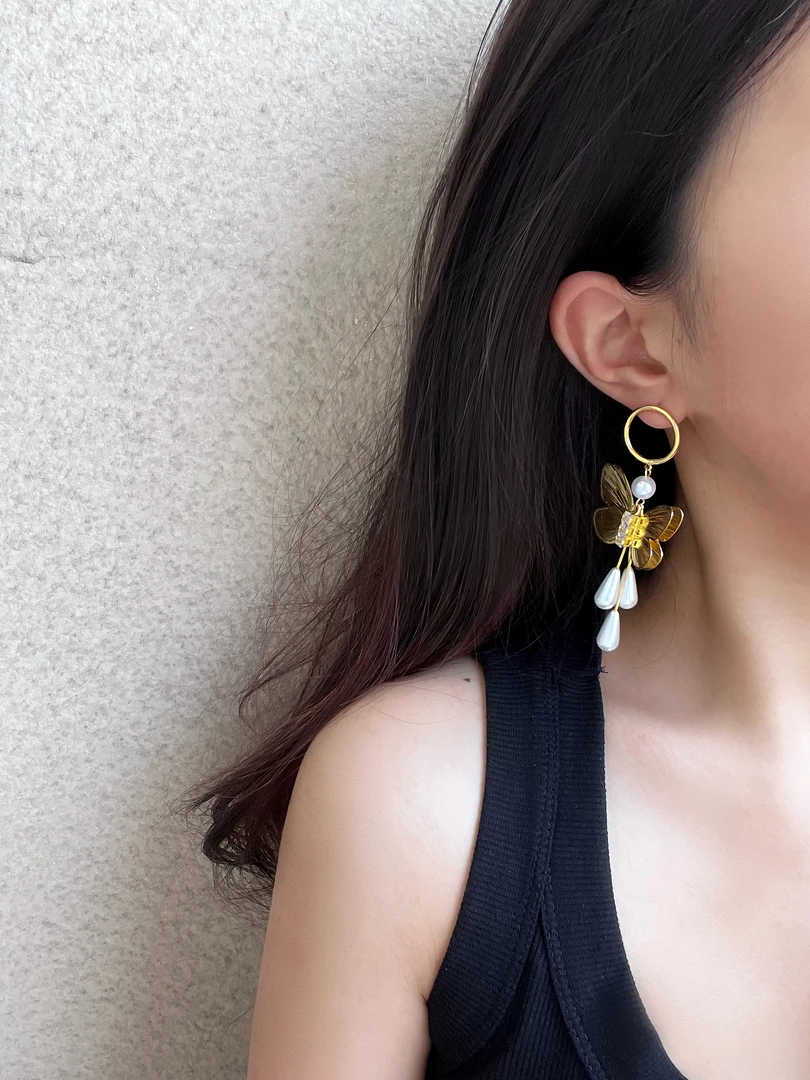 合金仿珍珠耳饰 1255时尚新款蝴蝶流苏耳钉小众设计高级感耳饰