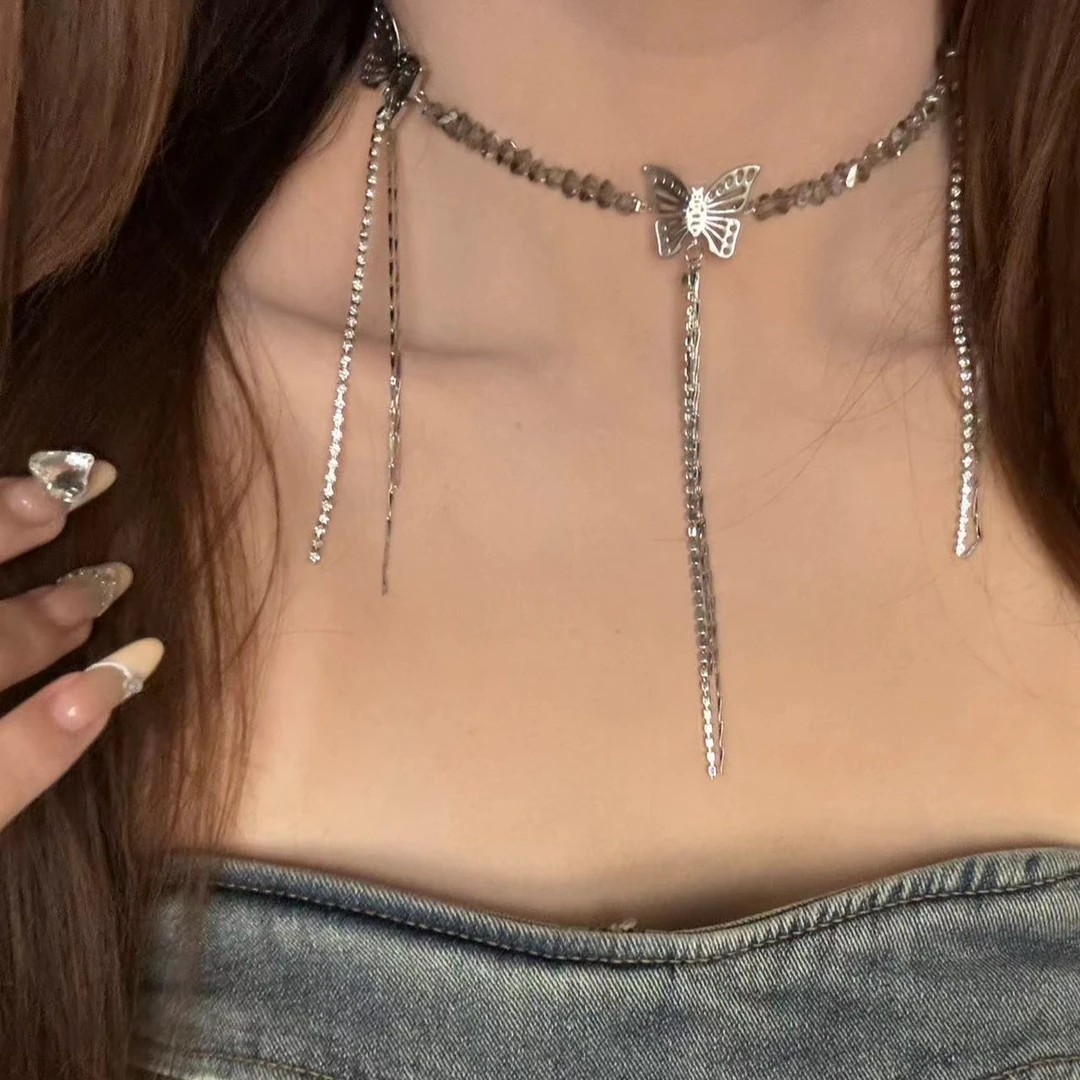合金项链 轻奢高级立体镂空蝴蝶流苏项链水晶串珠项链