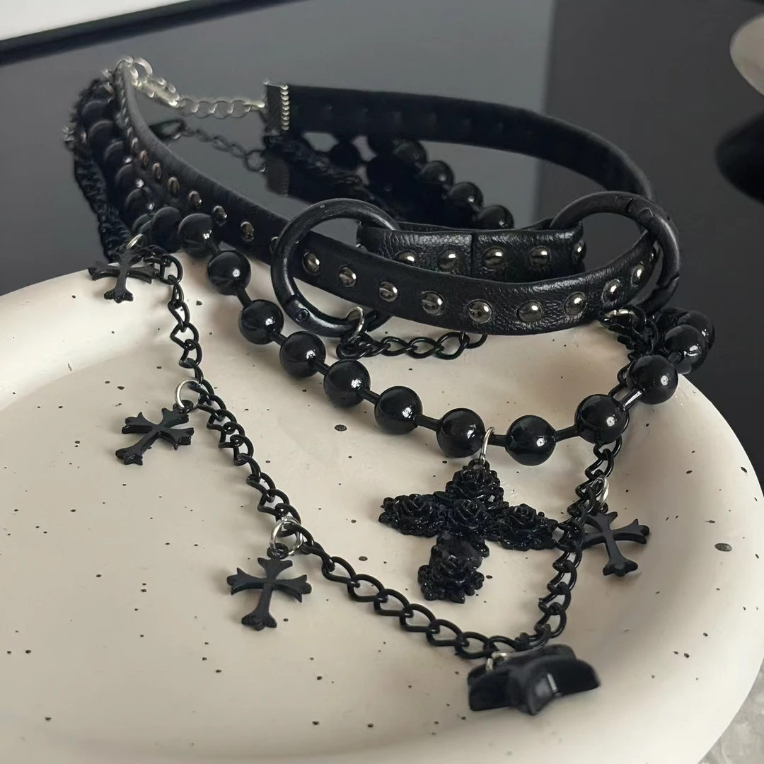 合金皮质项链 1033朋克风机能风吊坠立体玫瑰十字架多层项链颈链