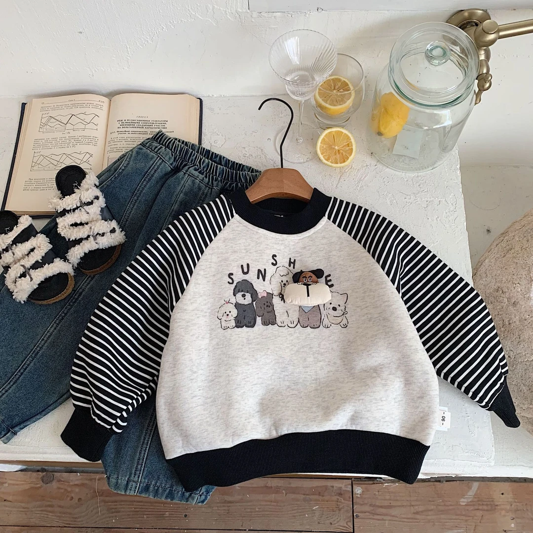 儿童卫衣加绒2024冬季新品卡通立体套头插肩袖上衣保暖高档品质