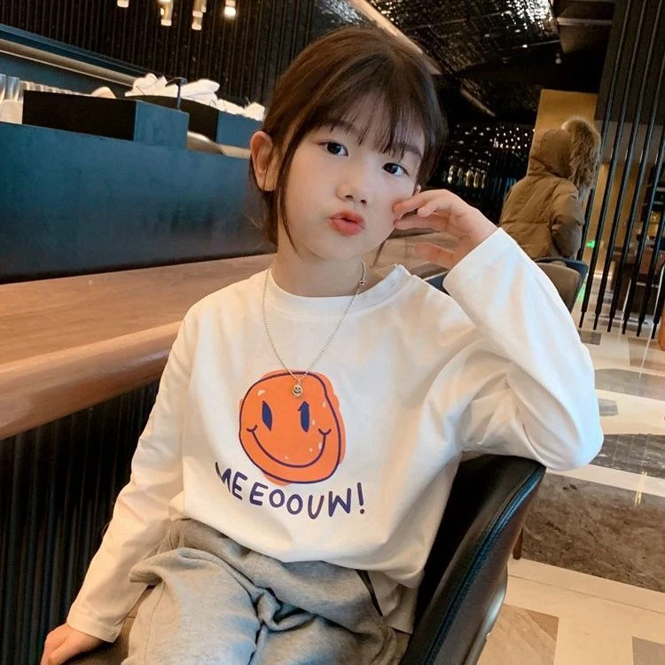 纯棉女童装长袖t恤2024新款春秋装儿童洋气打底衫中大童白色上衣