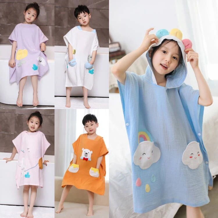 带帽斗篷浴巾可穿式儿童浴袍夏季薄款纯棉纱布男女童洗澡游泳速干