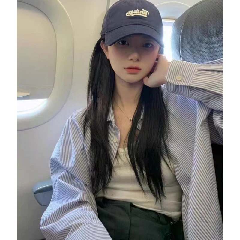 蓝色条纹长袖衬衫外套女春秋2024新款宽松显瘦上衣小个子休闲衬衣