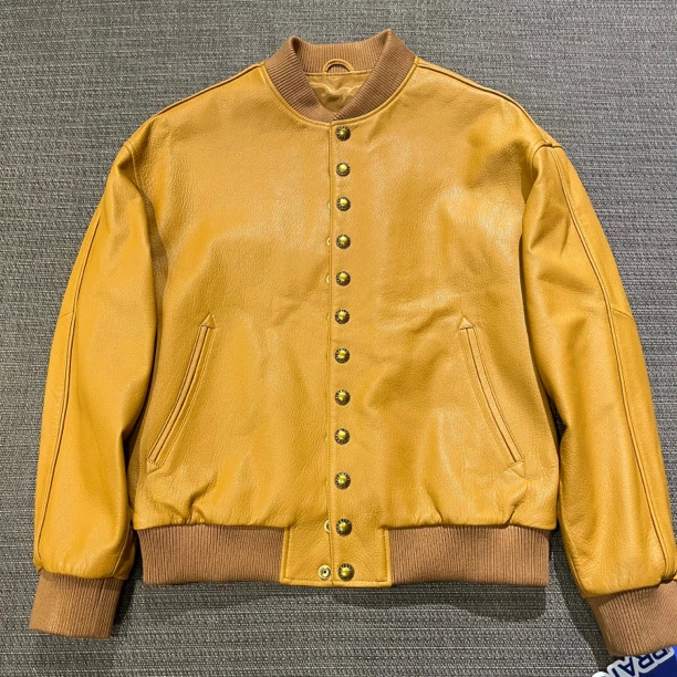 男士真皮皮衣圆领男款春季黄色水洗夹克阔版