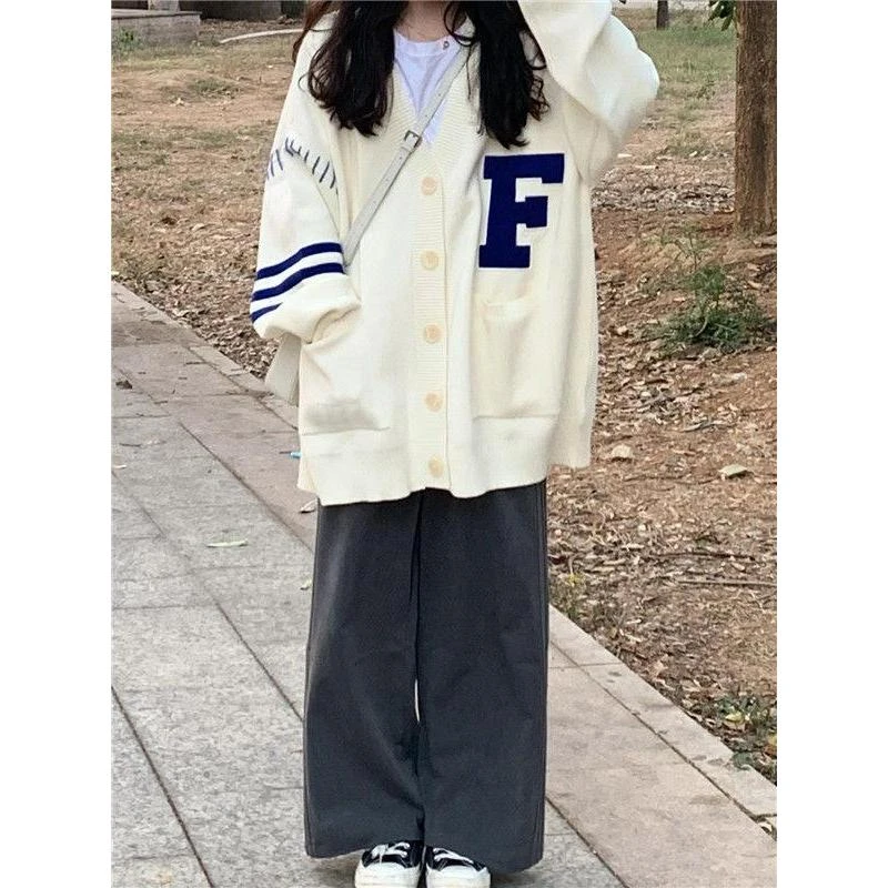 字母抽绳学院风奶fu外套女春秋冬宽松日系复古慵懒温柔针织毛衣