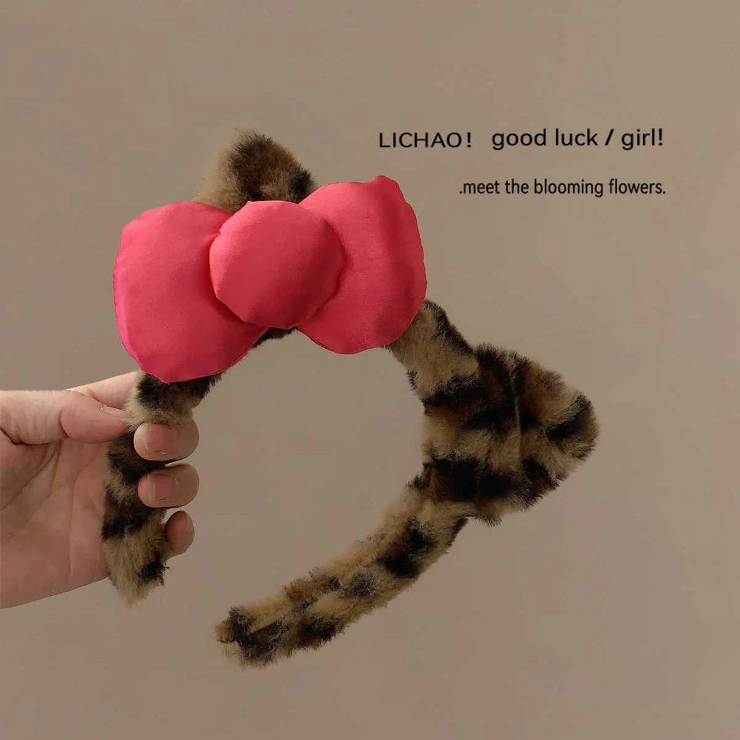 豹纹毛绒洗脸发箍女网红气质秋冬可爱冬季蝴蝶结头箍发捆防滑发卡
