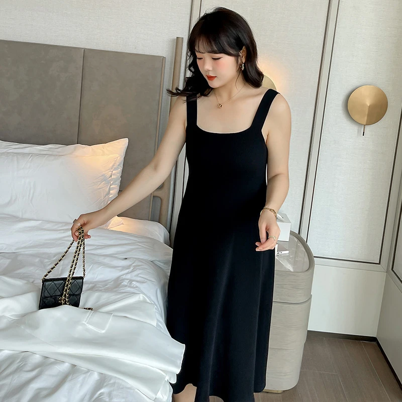 KL71101大码胖MM春秋韩版裙子时尚大衣内搭裙收腰黑色吊带连衣裙