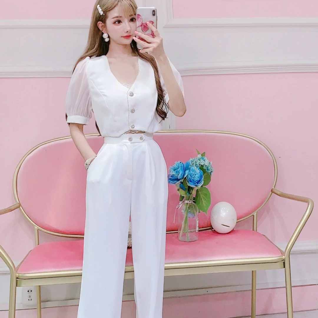 （现货）831夏装短款小上衣+长裤西裤两件套装时尚法式套装