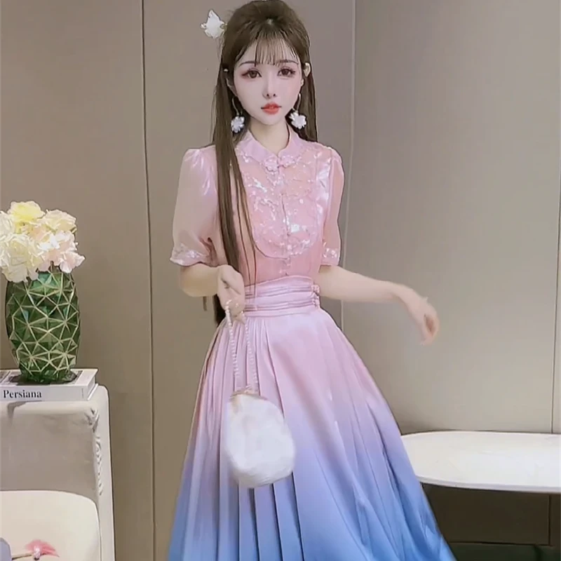 公主家6668夏季气质时尚中国风短袖上衣小吊带扎染渐变色长裙