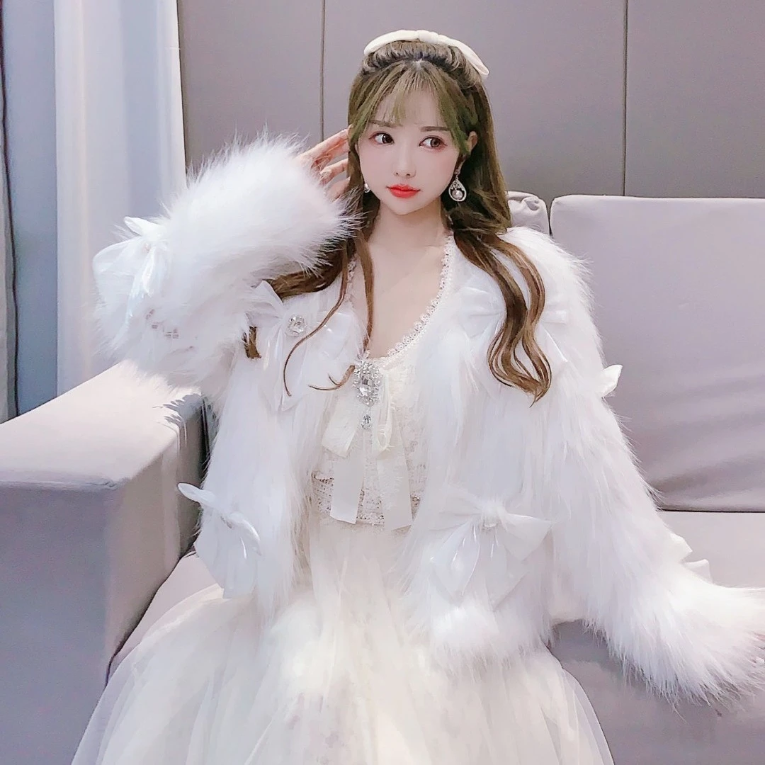 公主家2999韩版蝴蝶结装饰气质毛毛外套时尚秋冬重工外套43