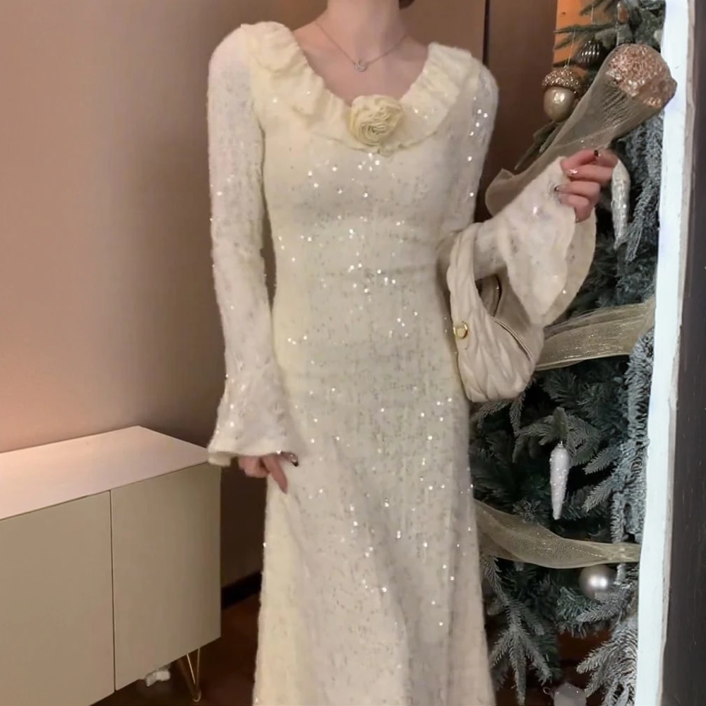 （里P）公主家8300秋冬法式亮片长款蕾丝收腰连衣裙