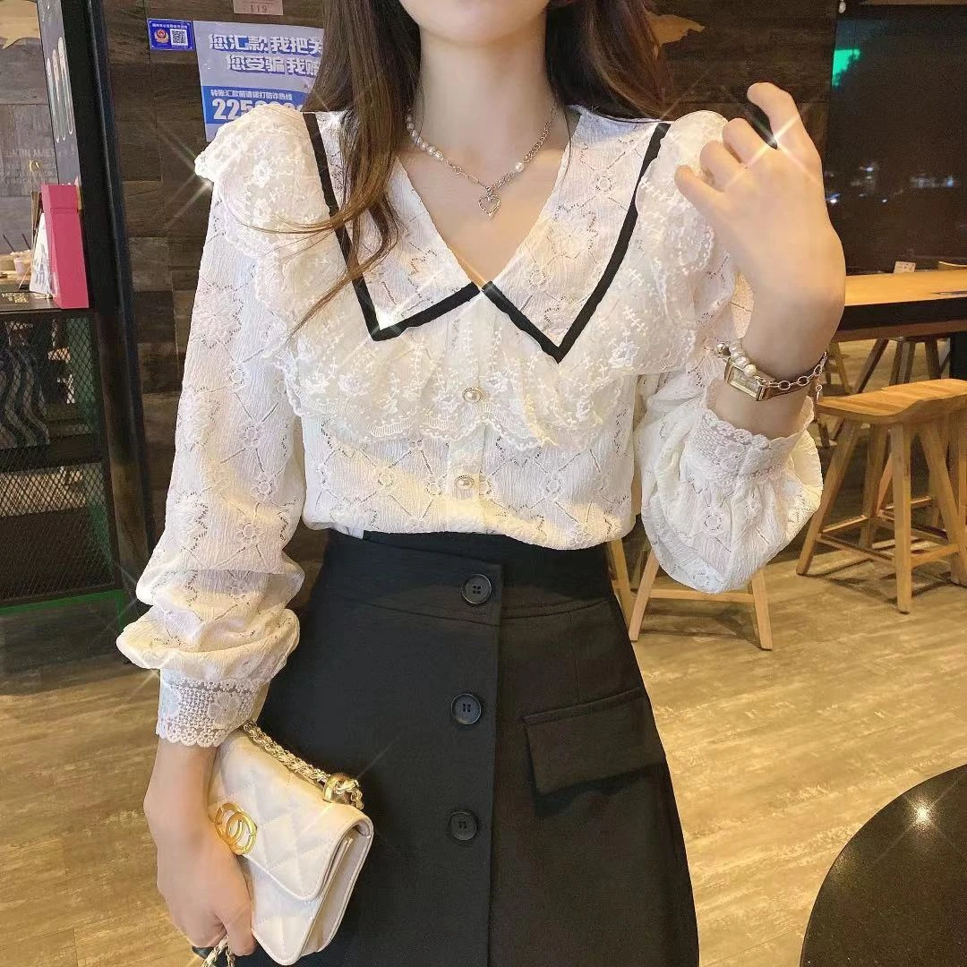 荷叶边韩系甜美风蕾丝边上衣娃娃领衬衣花边衬衫长袖法式洋气小衫