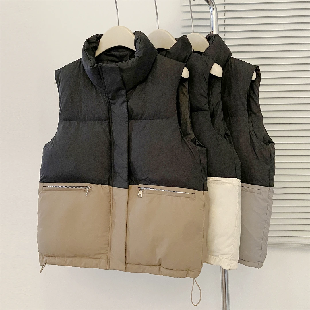 8813大码拼接棉服马甲女秋冬新款韩版时尚宽松拼色外搭马夹棉衣潮