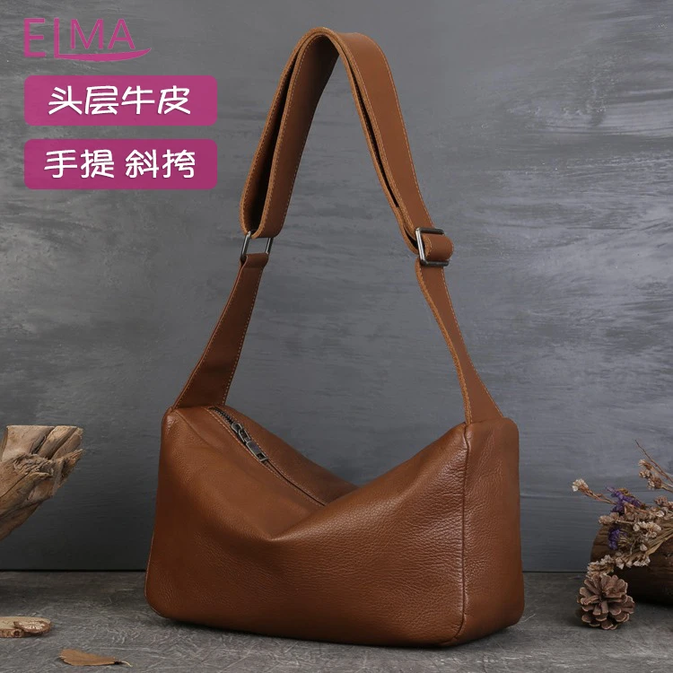 头层牛皮新款美式复古单肩斜挎包纯色软牛皮枕头包休闲出行潮流女