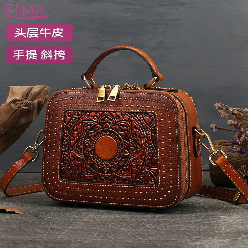 新款真皮女包复古头层牛皮手提包女士图腾压花单肩牛皮斜挎女包潮