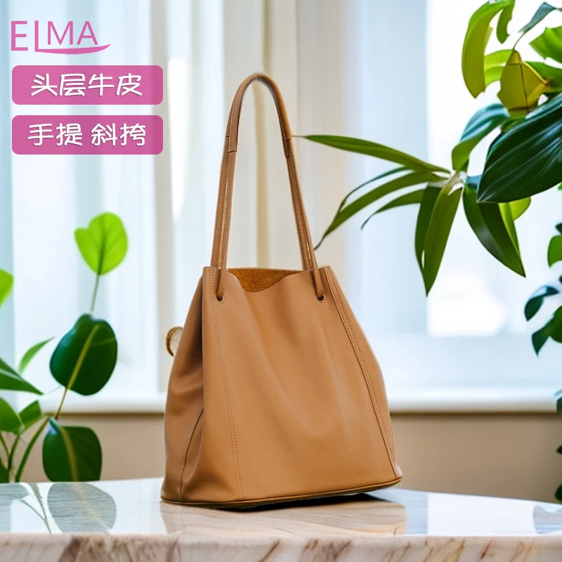 真皮牛皮高级感水桶包女包大容量通勤托特包植鞣头层牛皮手提包女